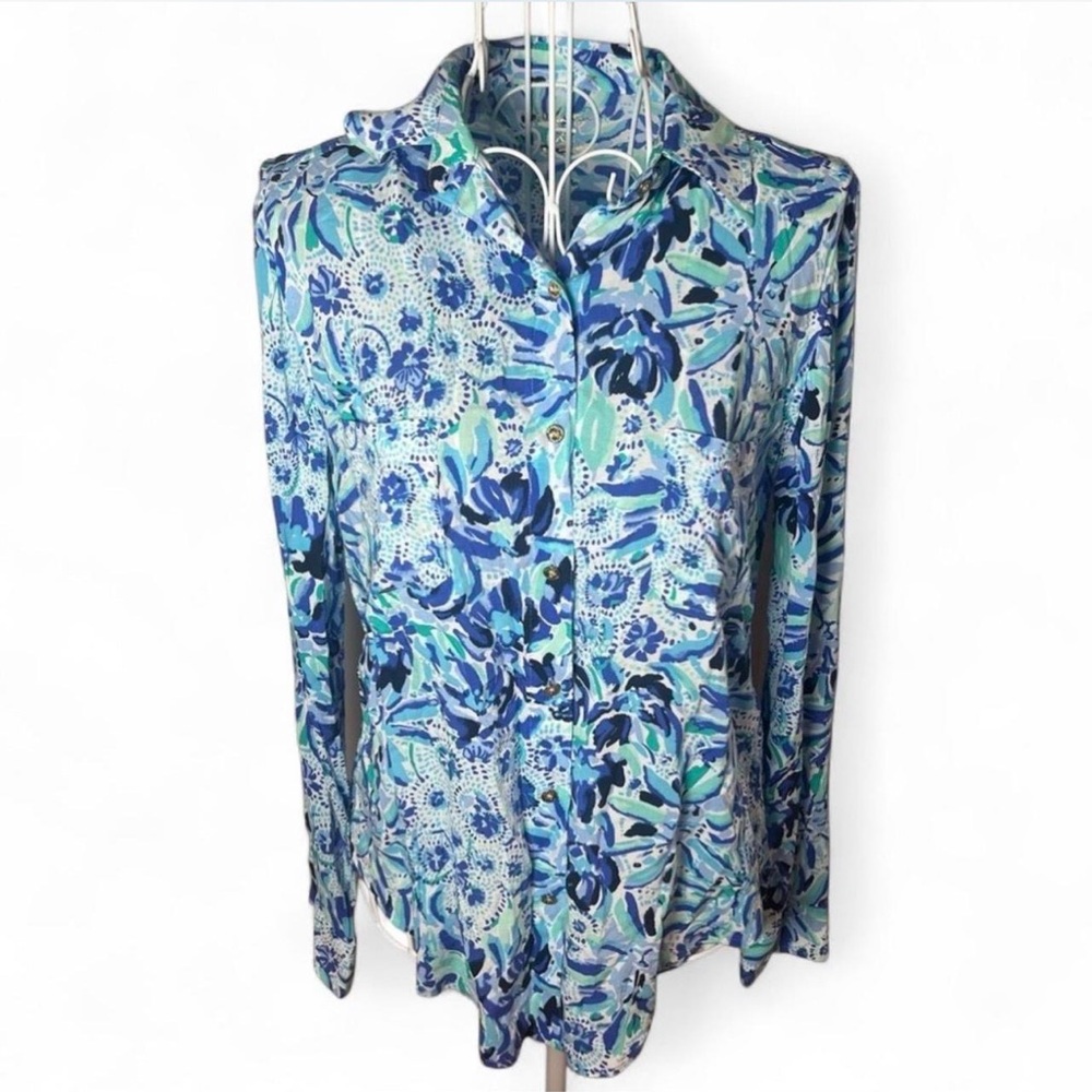 Lilly Pulitzer Sea View Button Down Top Iris Blue High Maintenance Preppy Sz XXS - Picture 2 of 6